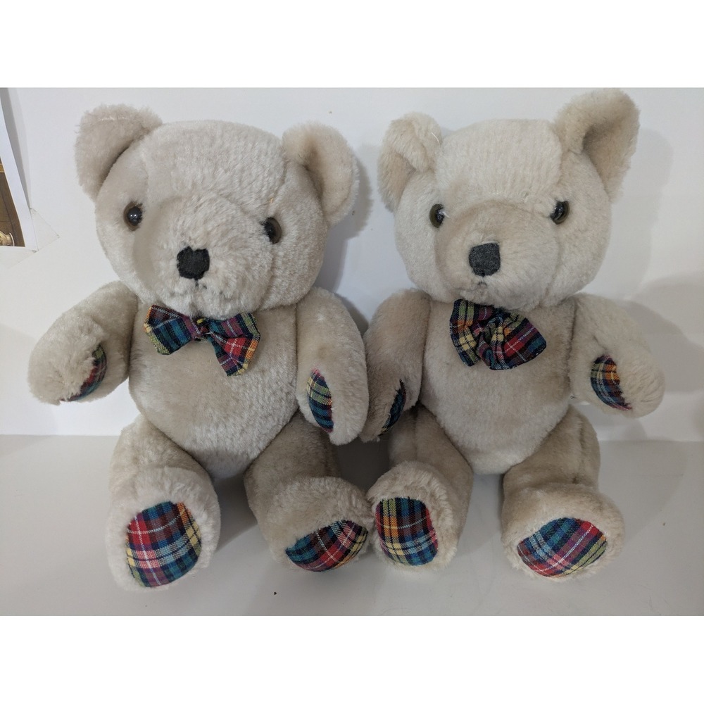 Vintage World Class Promotions Teddy Bear Set Plaid Bow Tie Tan Plush 2pc